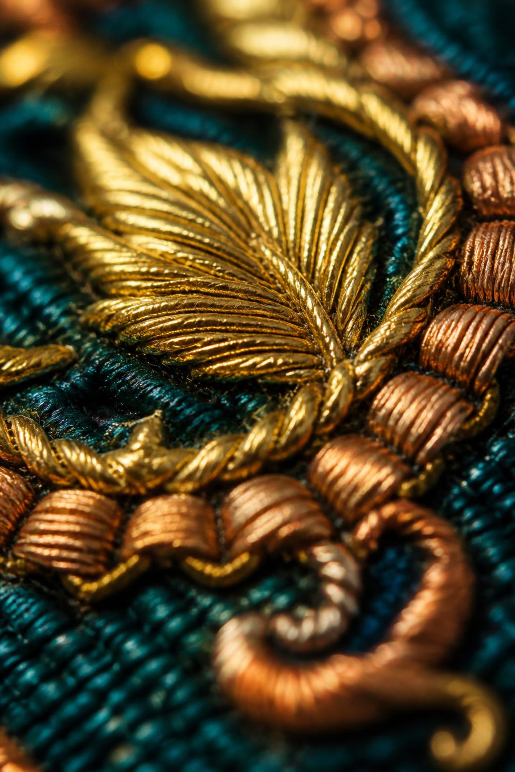 Macro de hilo dorado y cobre bordado sobre tela azul marino